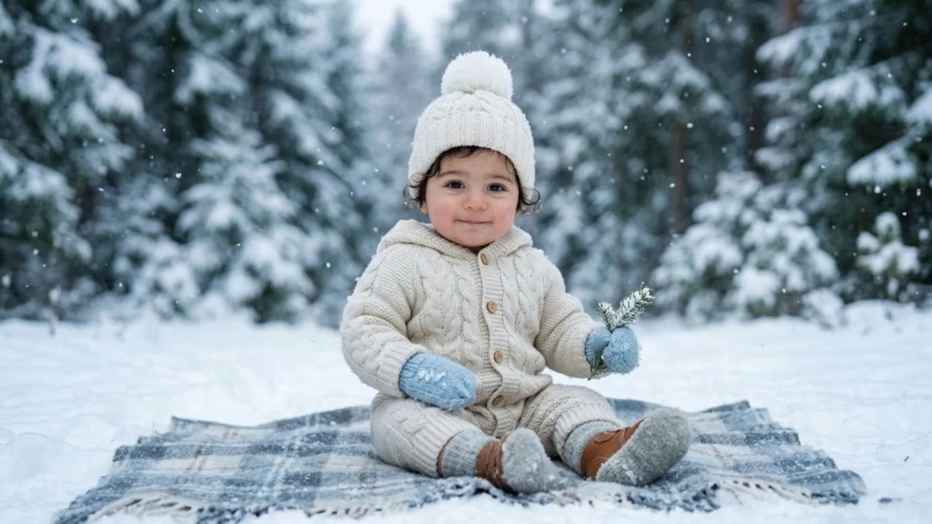 AI-generated baby in warm woolen clothes in a snowy environment with soft falling snowflakes and cool cinematic tones